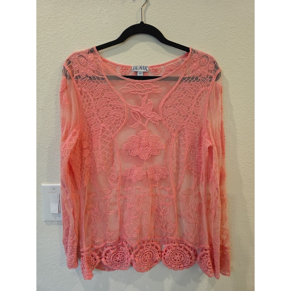 Blair Pink Sheer Mesh Blouse Sz M Boho Crochet Lace Flowers Festival Cottage